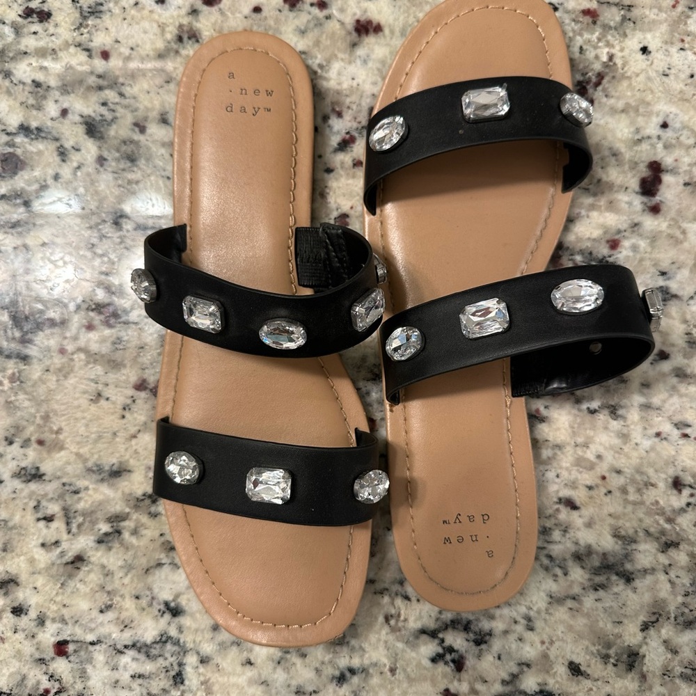 A New Day Black Sandals with Crystal Accents